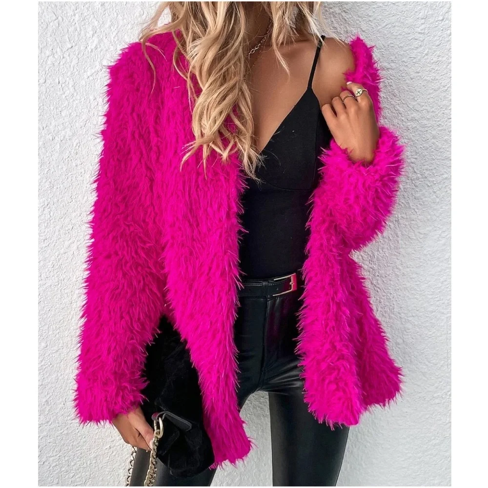 Cozy Hot Pink Open Front Vegan Fur Jacket Coat - Picture 1 of 5